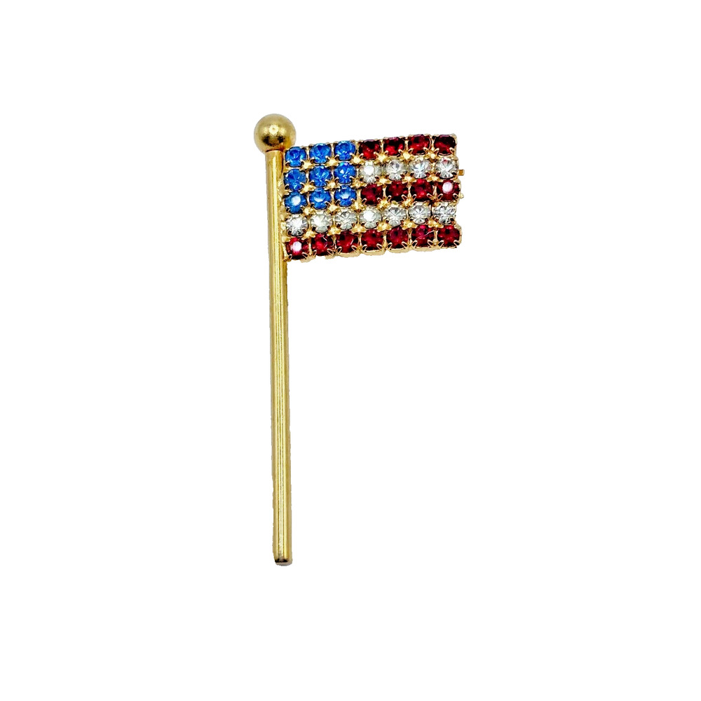 Vintage American Flag Brooch Pin Gold Tone Red White Blue Patriotic 4th of July